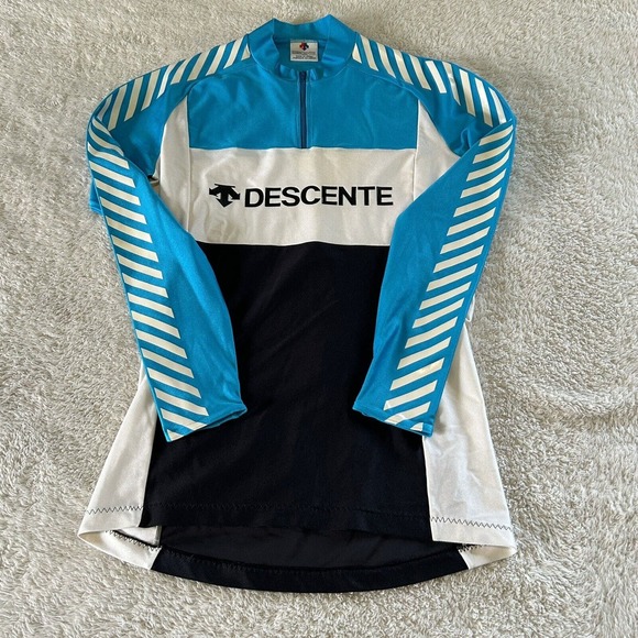 Descente Other - DESCENTE 1/4 ZIP Blue Cycling Shirt Medium Slim Long Back Pockets Stripes